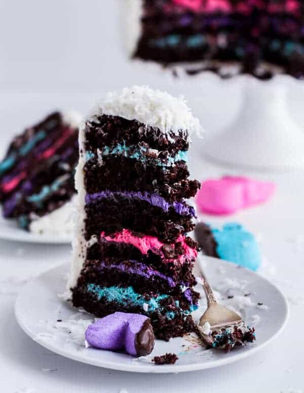 6-Layer (Or 3) Coconut Covered Chocolate Peeps Cake | halfbakedharvest.com