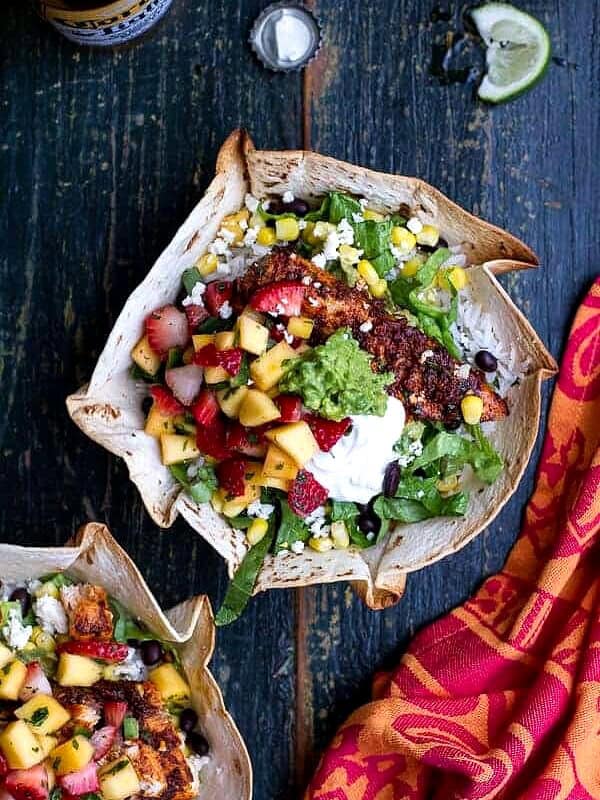 Chipotle Mahi Mahi Burrito Bowls w- Coconut Lime Rice + Strawberry-Mango Salsa | halfbakedharvest.com @hbharvest