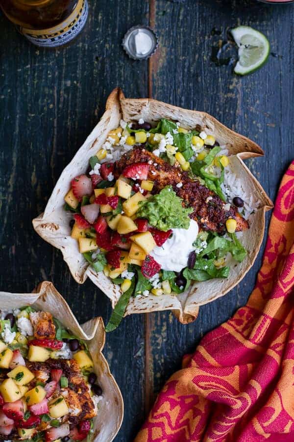 Chipotle Mahi Mahi Burrito Bowls w/ Coconut Lime Rice + Strawberry-Mango Salsa | halfbakedharvest.com