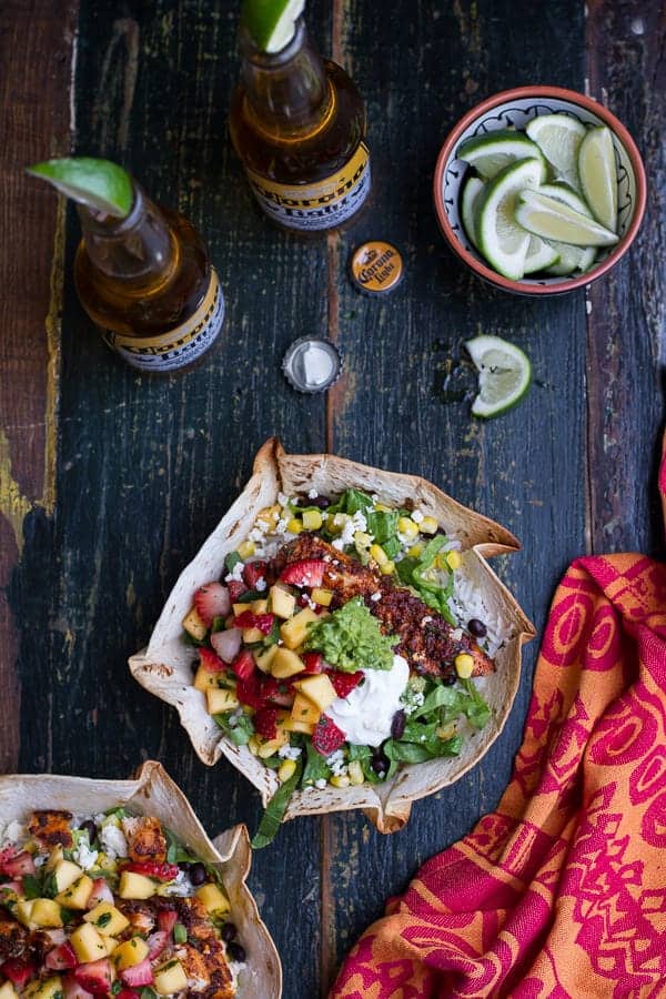 Chipotle Mahi Mahi Burrito Bowls w/ Coconut Lime Rice + Strawberry-Mango Salsa | halfbakedharvest.com