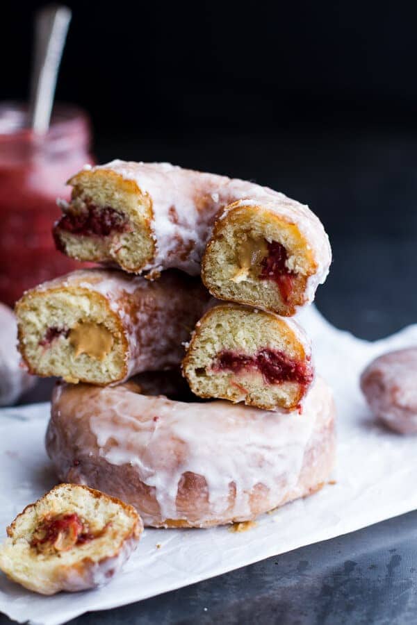 Glazed Peanut Butter and Jelly Doughnuts...with Strawberry-Rhubarb Chia Jelly | halfbakedharvest.com