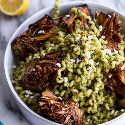 Pan Fried Lemony Artichokes with Asparagus Pistachio Pesto Pasta
