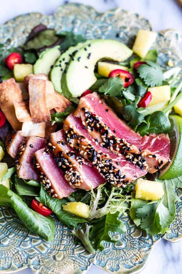 Seared Ahi Tuna Poke Salad with Hula Ginger vinaigrette + Wonton Crisps | halfbakedharvest.com