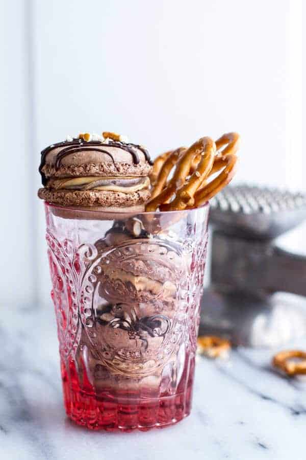 Frozen Hot Fudge and Peanut Butter Swirled Pretzel Macarons | halfbakedharvest.com