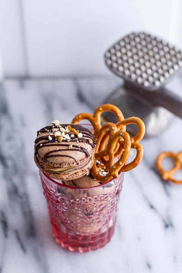 Frozen Hot Fudge and Peanut Butter Swirled Pretzel Macarons | halfbakedharvest.com