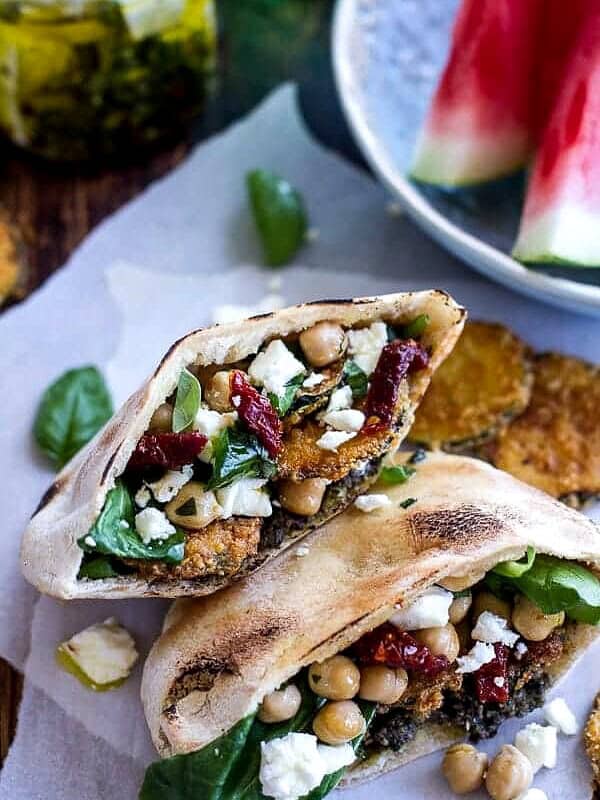 Greek Olive Pesto and Fried Zucchini Grilled Pitas w-Marinated Feta + Garbanzo Beans | halfbakedharvest.com @hbharvest