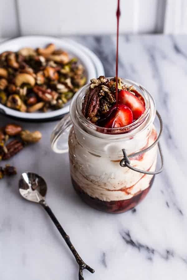 Sweet Balsamic Strawberries w-Whipped Ricotta Cream and Maple Glazed Seeded Nuts | halfbakedharvest.com
