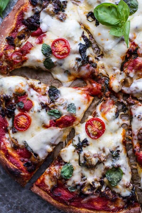 Cheesy Fontina Caramelized Onion, Chorizo, Spinach and Artichoke Pizza | halfbakedharvest.com @hbharvest
