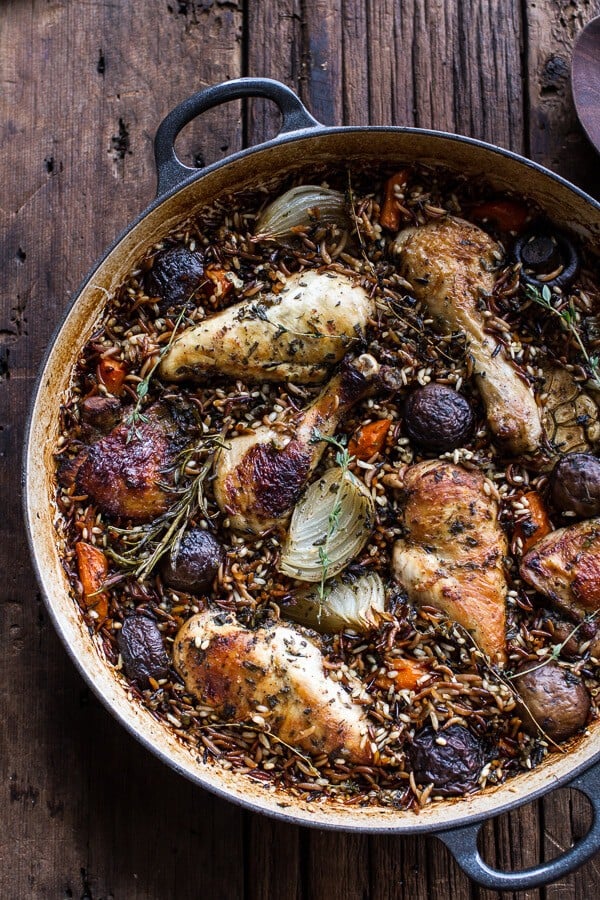 One-Pot Autumn Herb Roasted Chicken with Butter Toasted Wild Rice Pilaf |halfbakedharvest.com @hbharvest