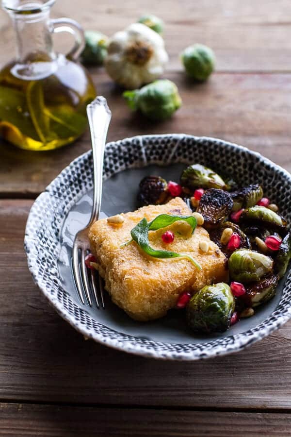 Cheesy Fried Polenta w-Pan Roasted Balsamic Brussels Sprouts + Roasted Garlic Sage Oil | halfbakedharvest.com @hbharvest