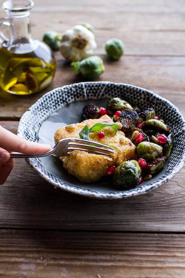 Cheesy Fried Polenta w-Pan Roasted Balsamic Brussels Sprouts + Roasted Garlic Sage Oil | halfbakedharvest.com @hbharvest