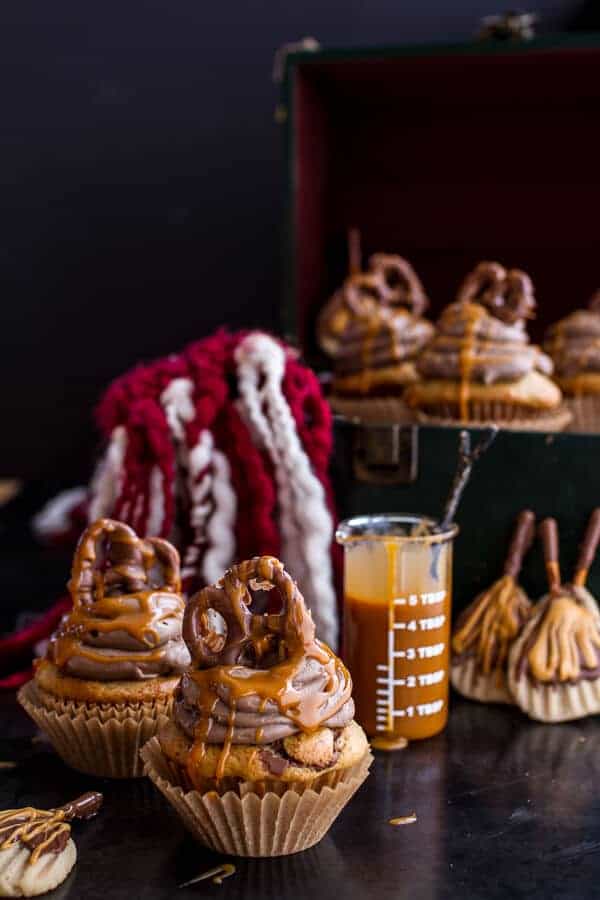 Death By Butterbeer Cupcakes w/Treacle Butter Frosting + Chocolate Covered Pretzels | halfbakedharvest.com @hbharvest
