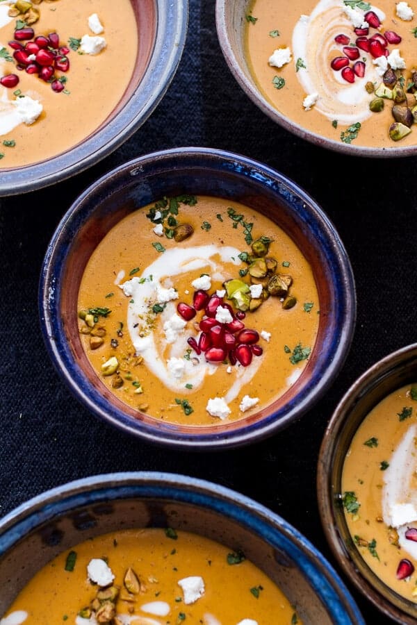 Moroccan Butternut Squash and Goat Cheese Soup w/Coconut Ginger Cream + Pistachios | halfbakedharvest.com @hbharvest