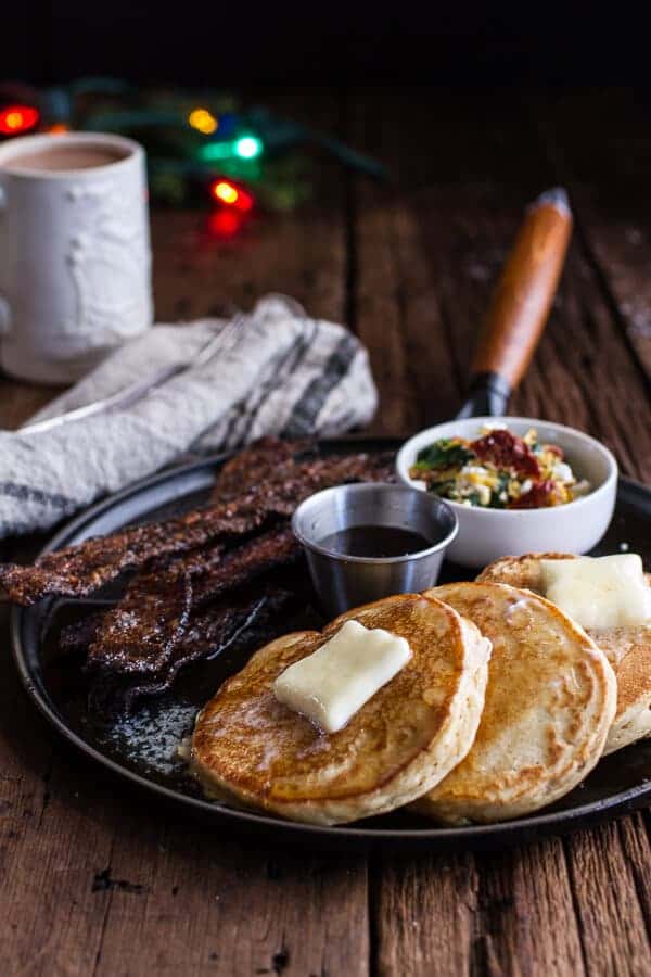 Breakfast for Dinner w/Buttermilk Ricotta Pancakes with Maple Candied Bacon + Eggs | halfbakedharvest.com @hbharvest
