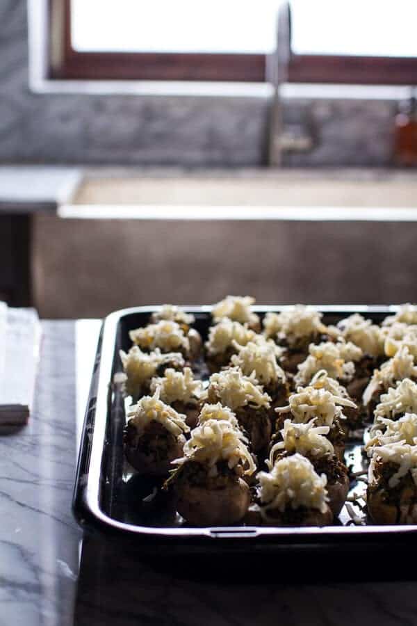 Spicy Fontina Spinach, Artichoke and Chorizo Stuffed Mushrooms | halfbakedharvest.com @hbharvest