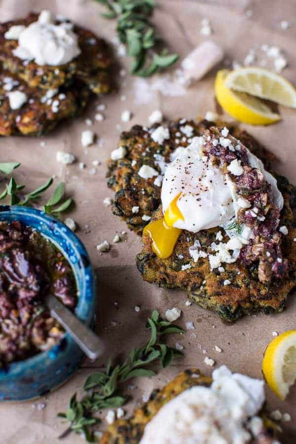 Greek Feta Chickpea Pancake Fritters with Poached Eggs + Olive Tapenade | halfbakedharvest.com @hbharvest