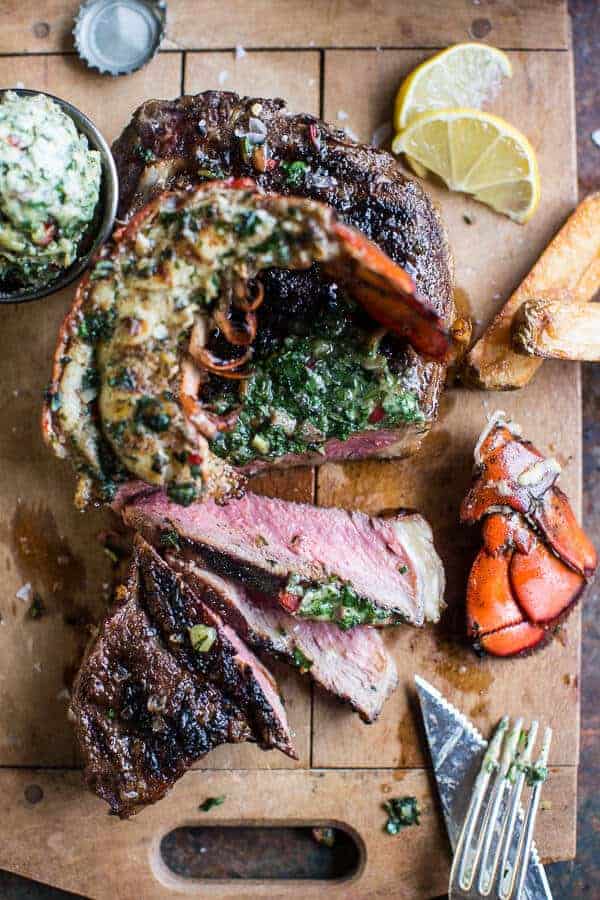 Surf and Turf- Steak and Lobster with Spicy Roasted Garlic Chimichurri Butter | halfbakedharvest.com @hbharvest