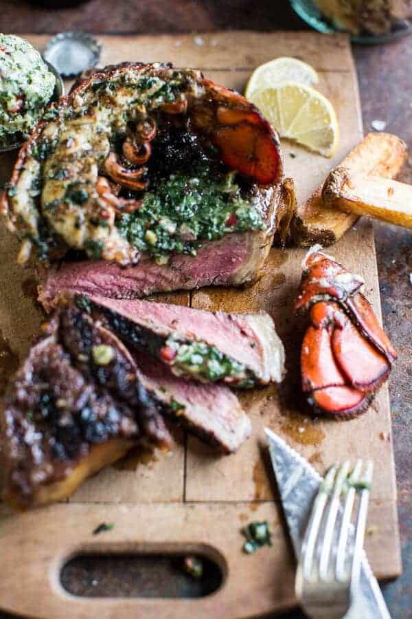 Surf and Turf- Steak and Lobster with Spicy Roasted Garlic Chimichurri Butter | halfbakedharvest.com @hbharvest