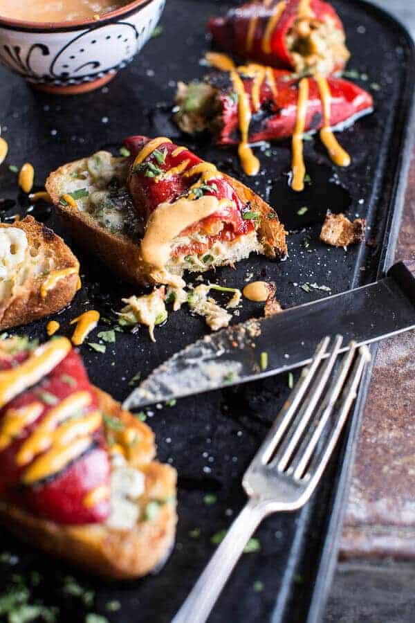 Cheesy Avocado Crab Stuffed Piquillo Pepper Ciabatta Pizzette’s with Sriracha Aioli | halfbakedharvest.com @hbharvest
