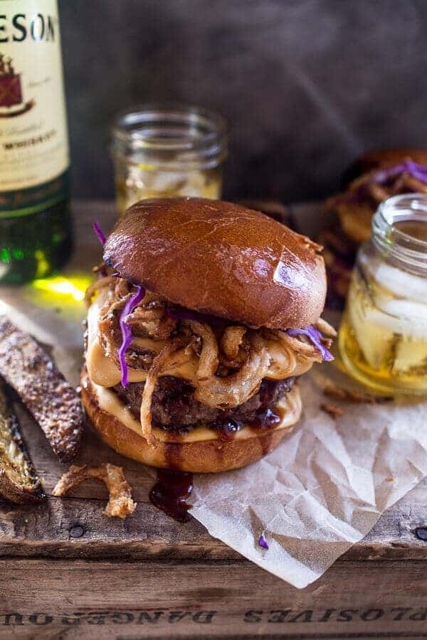 Jameson Whiskey Blue Cheese Burger with Guinness Cheese Sauce + Crispy Onions | halfbakedharvest.com @hbharvest