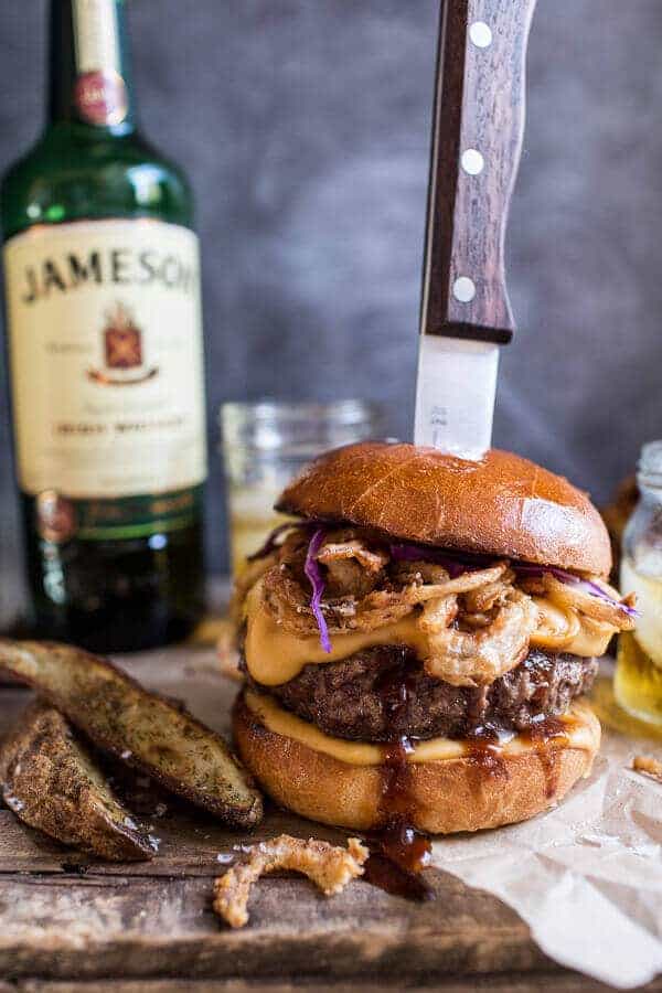 Jameson Whiskey Blue Cheese Burger with Guinness Cheese Sauce + Crispy Onions | halfbakedharvest.com