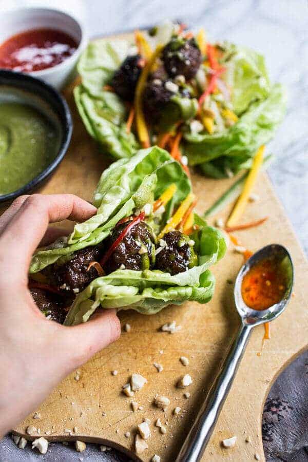Vietnamese Meatball Lettuce Wraps with Mango Salad + Cilantro-Basil Cashew Sauce | halfbakedharvest.com @hbharvest
