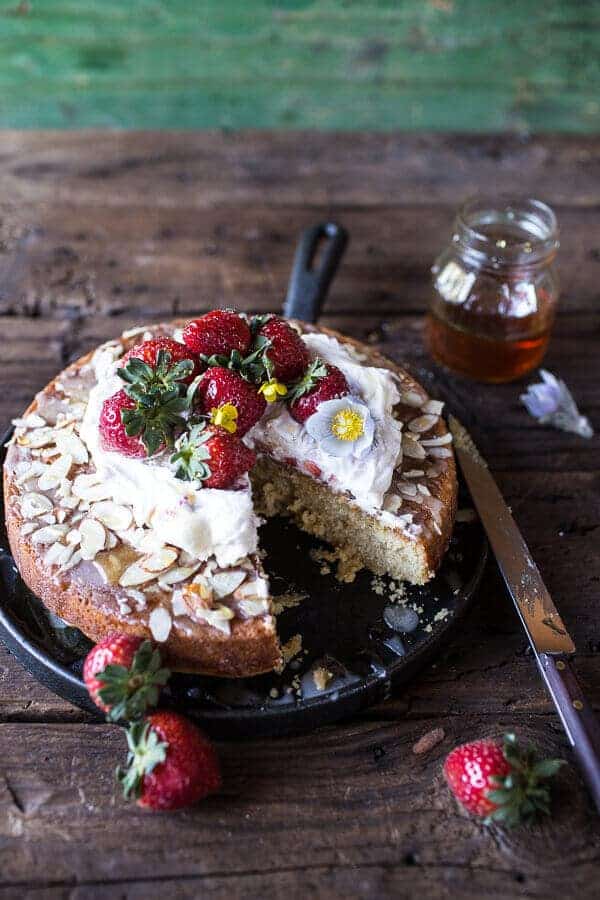 Almond Honey Cake with Strawberry Ripple Cream | halfbakedharvest.com @hbharvest