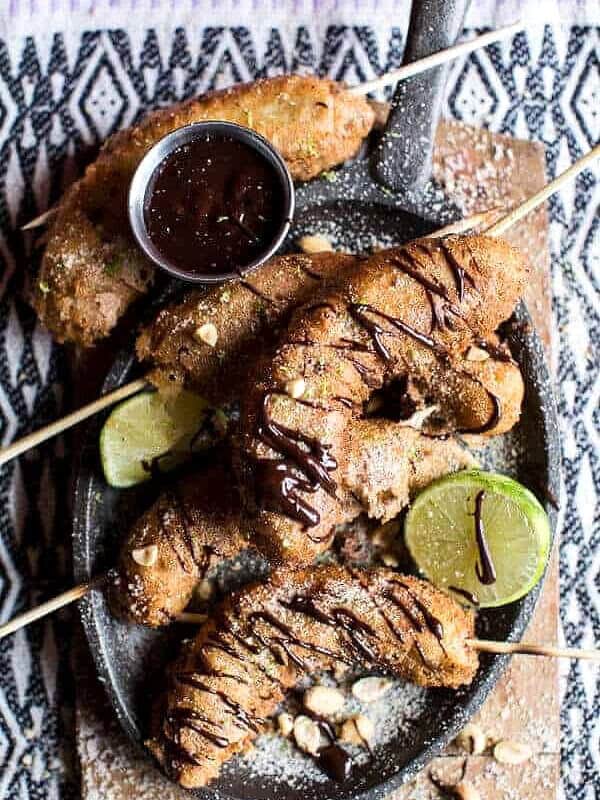 Banana Fritters On a Stick with Peanut Sugar + Mexican Chocolate Sauce | halfbakedharvest.com @hbharvest