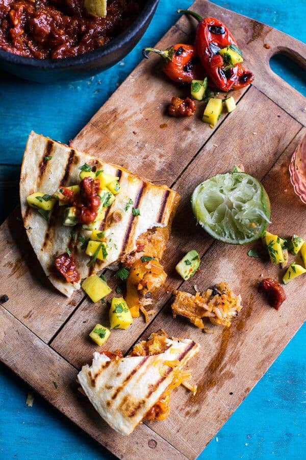 Fiesta Chicken Quesadillas with Chipotle Relish and Mango Salsa | halfbakedharvest.com @hbharvest
