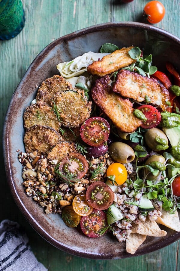 Greek Goddess Grain Bowl with “Fried” Zucchini, Toasted Seeds and Fried Halloumi | halfbakedharvest.com @hbharvest