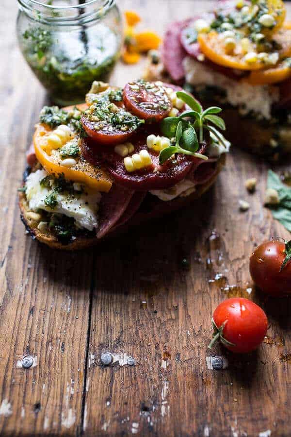 Tomato, Salami and Chunky Arugula-Basil Pesto Bruschetta | halfbakedharvest.com @hbharvest