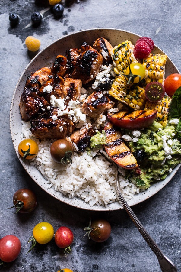 BBQ Chicken and Grilled Corn Rice Bowls with Berry Smashed Avocado | halfbakedharvest.com @hbharvest