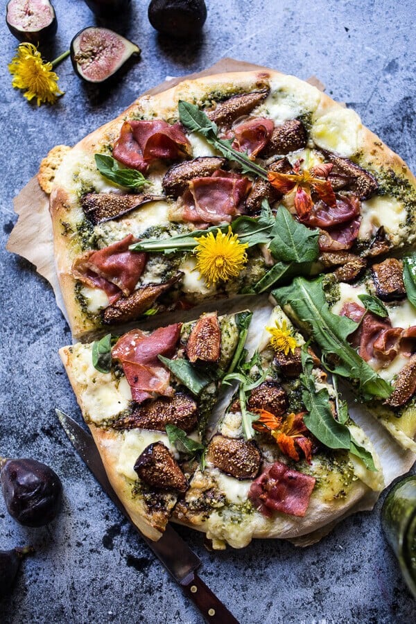 Dandelion Green Pesto, Fresh Fig and Gorgonzola Pizza with Prosciutto | halfbakedharvest.com @hbharvest