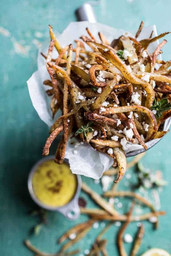 Skinny Greek Feta Fries with Roasted Garlic Saffron Aioli | halfbakedharvest.com @hbharvest