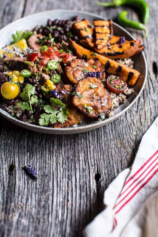 Brazilian Steak and Grilled Sweet Potato Fry Quinoa Bowl with Spicy Coconut Tomato Sauce | halfbakedharvest.com @hbharvest