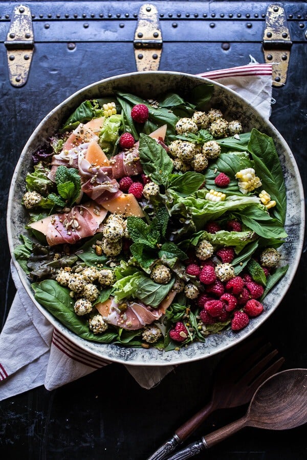 Fresh Basil Salad with Prosciutto Wrapped Melon and Toasted Seed Rolled Goat Cheese. | halfbakedharvest.com @hbharvest