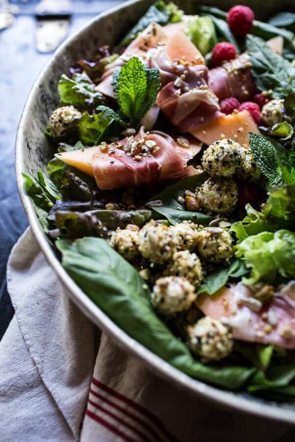 Fresh Basil Salad with Prosciutto Wrapped Mellon and Toasted Seed Rolled Goat Cheese | halfbakedharvest.com @hbharvest