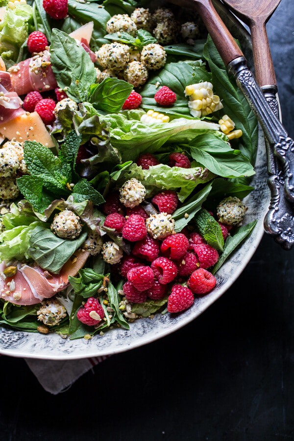 Fresh Basil Salad with Prosciutto Wrapped Mellon and Toasted Seed Rolled Goat Cheese | halfbakedharvest.com @hbharvest