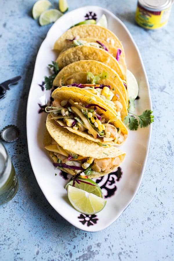 Seafood Tacos with Lime-Green Chile Sauce + Grilled Corn Slaw | halfbakedharvest.com @hbharvest
