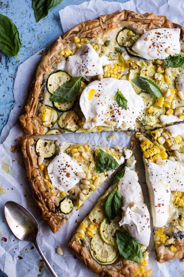 Zucchini and Roasted Sweet Corn Provolone Phyllo Pizza with Truffle Oil | halfbakedharvest.com @hbharvest