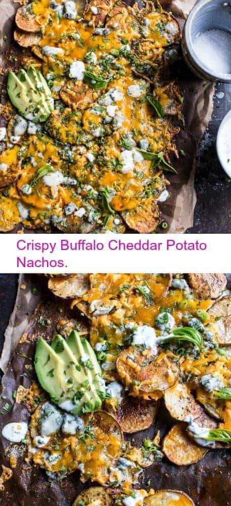 Crispy Buffalo Cheddar Potato Nachos | halfbakedharvest.com @hbharvest