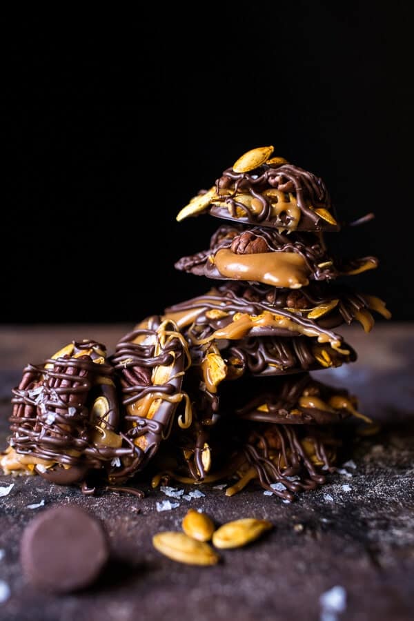 Chocolate Covered Roasted Pumpkin Seed Turtle Clusters | halfbakedharvest.com @hbharvest