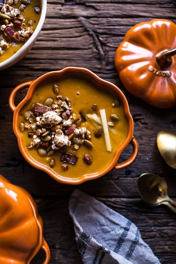 Smoky Pumpkin Beer and Cheddar Potato Soup with Candied Bacon Popcorn | halfbakedharvest.com @hbharvest