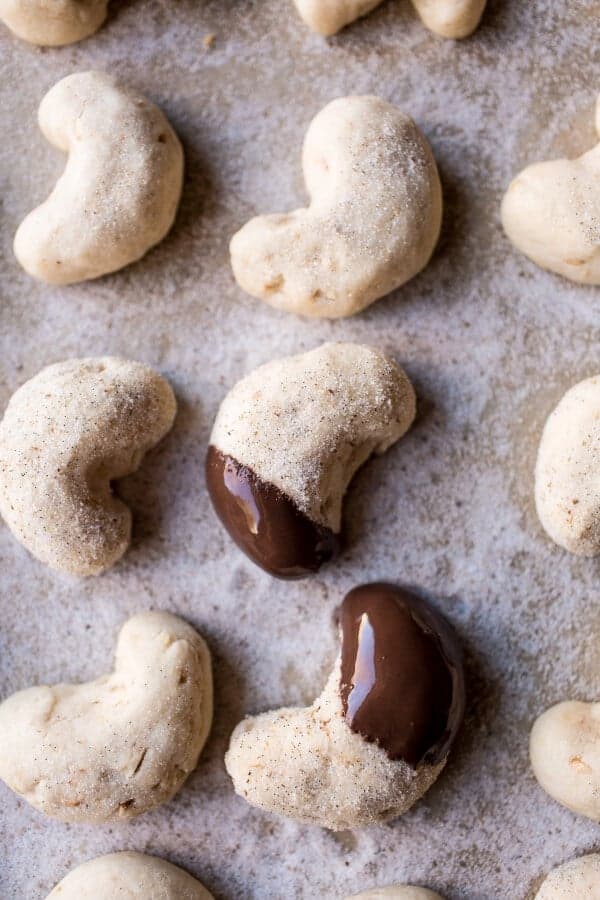 Chocolate Dipped Vanilla Bean Cashew Crescent Cookies | halfbakedharvest.com @hbharvest