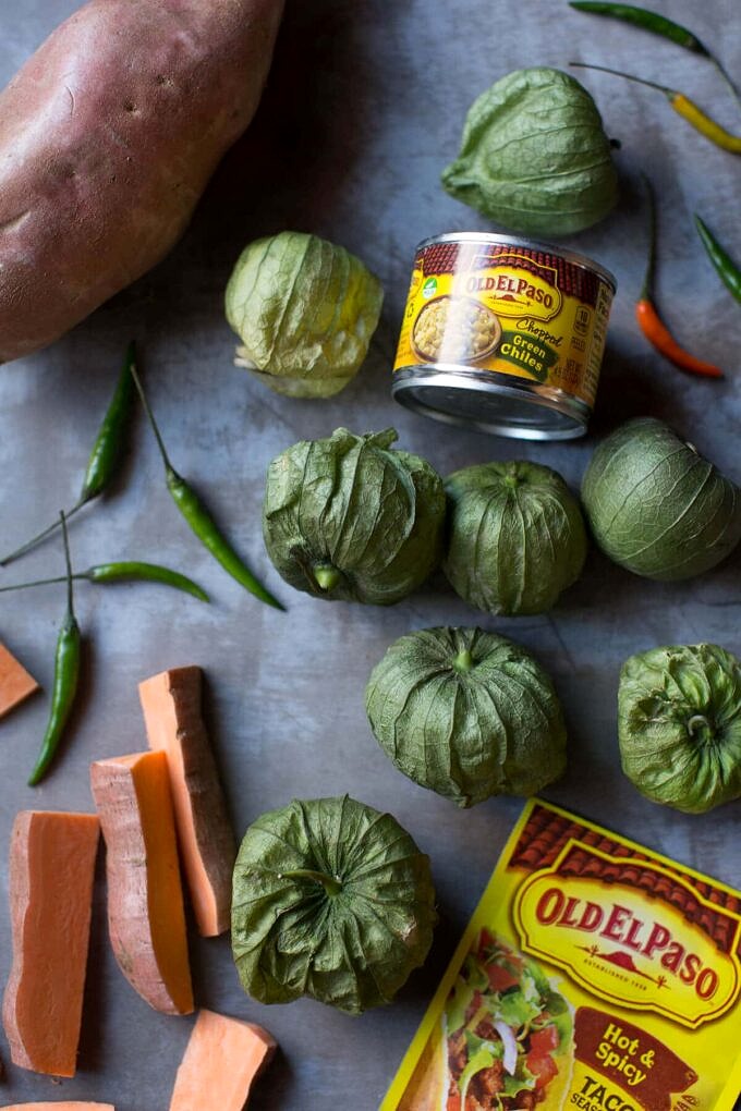 Sweet Potato and Black Bean Nachos with Green Chile Salsa. Half Baked