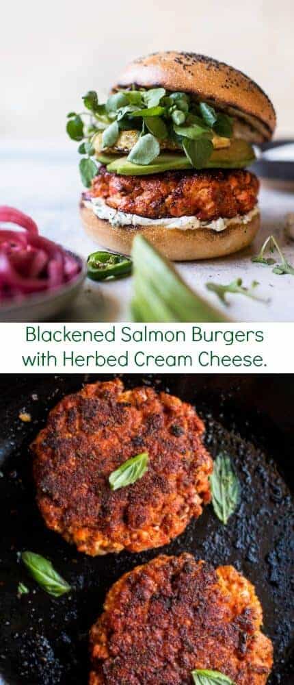 Blackened Salmon Burgers with Herbed Cream Cheese | halfbakedharvest.com @hbharvest