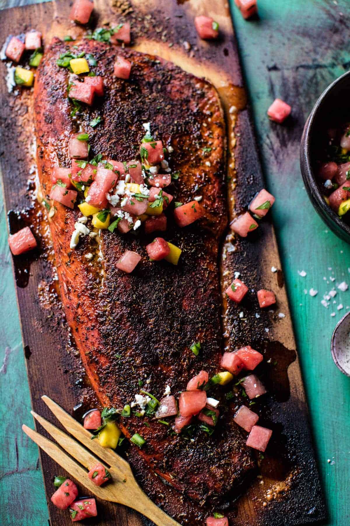 Cedar Plank Salmon with Watermelon Feta Salsa | halfbakedharvest.com @hbharvest
