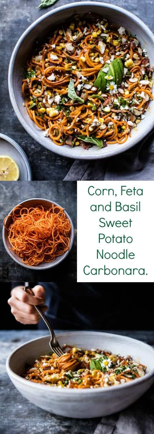 Corn, Feta and Basil Sweet Potato Noodle Carbonara | halfbakedharvest.com @hbharvest