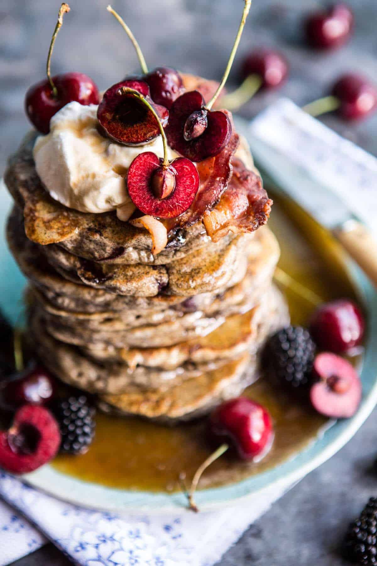 Sweet Cherry Buckwheat Pancakes with Bourbon Butter Syrup + Bacon | halfbakedharvest.com @hbharvest