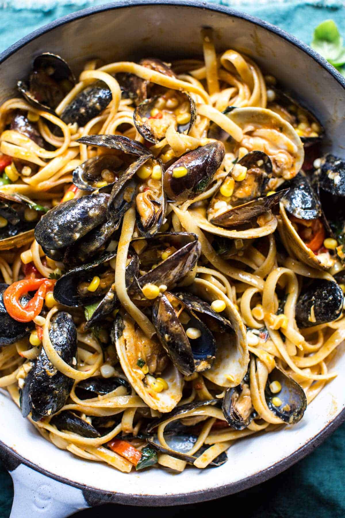 Basil Coconut Curry Pasta with Clams, Mussels and Corn | halfbakedharvest.com @hbharvest